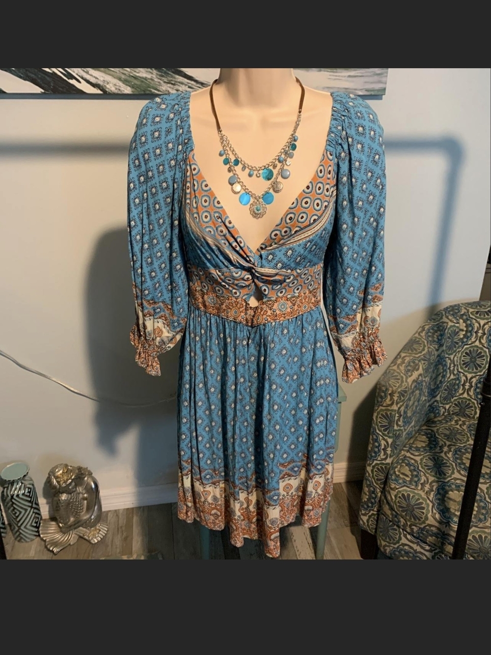 Angie Blue Smocked Boho  Dress with Puff Sleeves